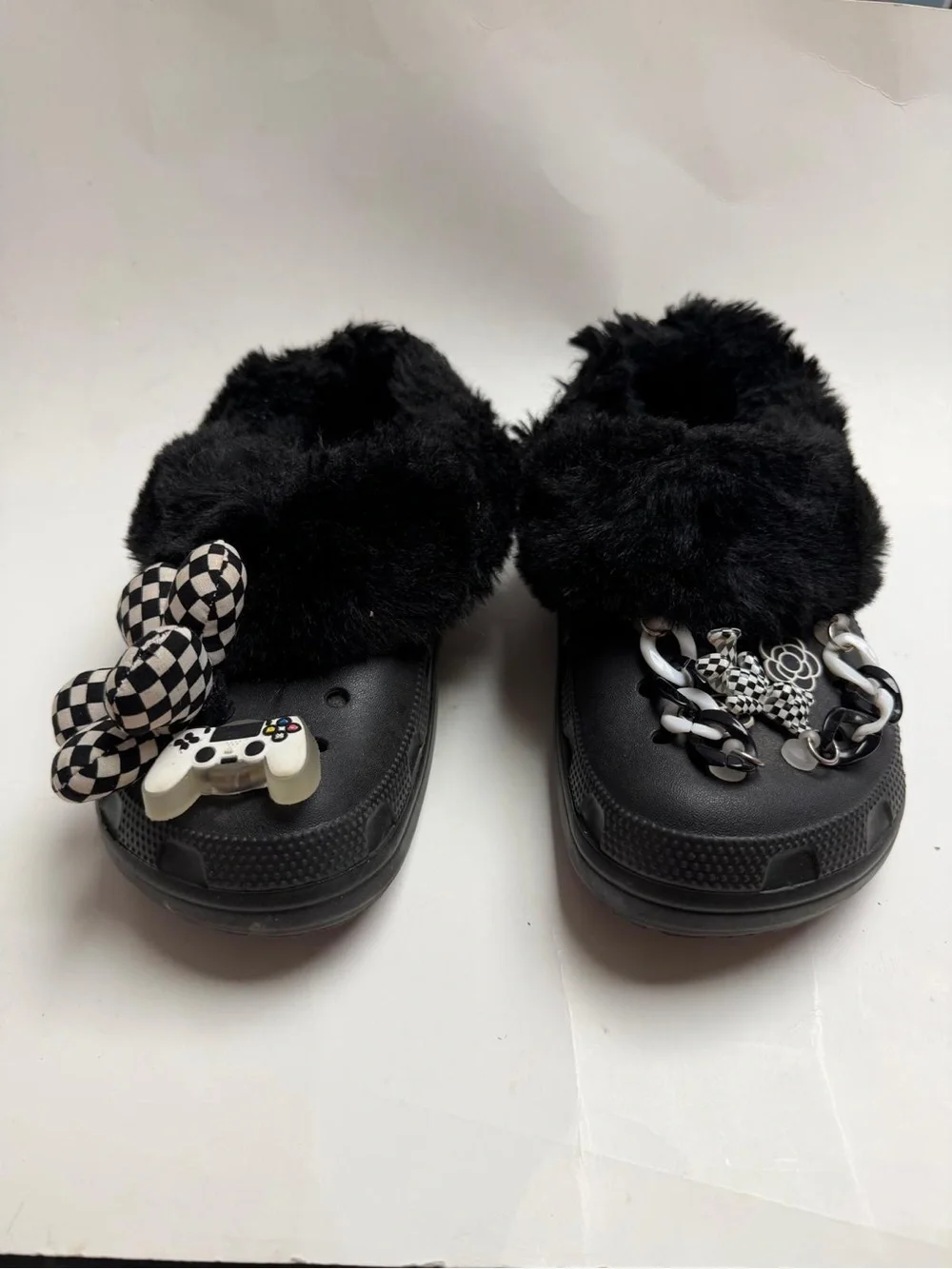 CROCS Black Faux-Fur Lined Platform Sandals with Charms